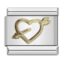 Load image into Gallery viewer, Silver charm with a gold heart and arrow design 