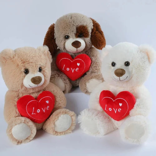 Cute heart bear plush toy with red heart print, perfect Valentine’s gift