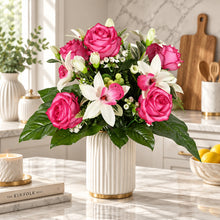 Load image into Gallery viewer, Dark pink leafy and orchid artificial flower arrangement
