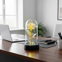 Load image into Gallery viewer, Decorative lamp with a gold rose inside a glass dome on a desk.