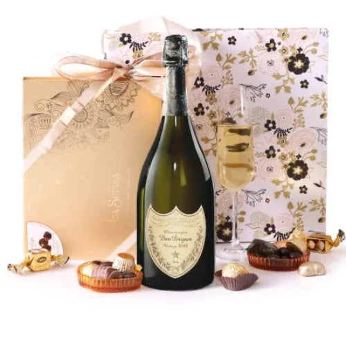 champagne and truffles Elegant Dom Pérignon & truffles chocolate hamper for celebrations