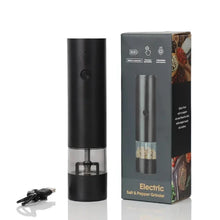 Load image into Gallery viewer, Black electric salt and pepper grinder with packaging 