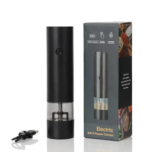 Black electric salt and pepper grinder with packaging 