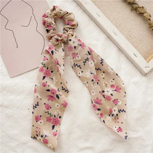 Load image into Gallery viewer, Satin bow hair tie with long floral scarf