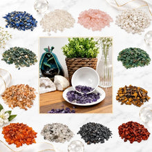 Load image into Gallery viewer, A collage showing multiple chips and gravel raw gemstone crystals in assorted colours arranged
