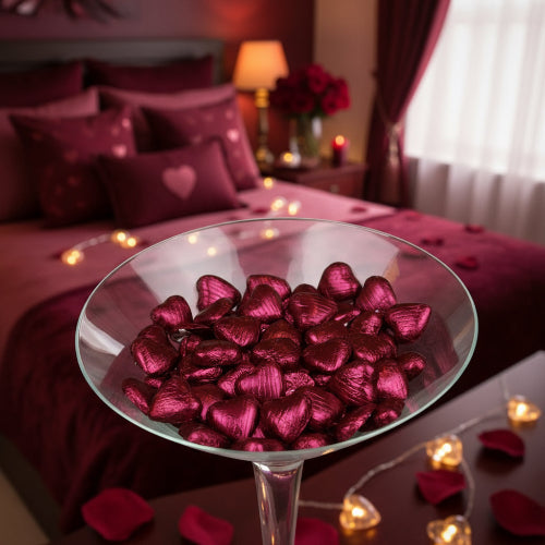 Burgundy foil wrapped Belgian chocolate hearts 1kg bag