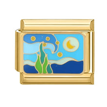 Load image into Gallery viewer, Gold charm bracelet with a scenic design featuring a crescent moon, stars, and landscape.