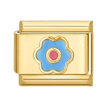 Load image into Gallery viewer, Gold charm with a blue and pink floral design 