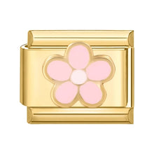 Load image into Gallery viewer, A pink flower design Italian charm link in gold colour