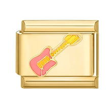 Load image into Gallery viewer, Gold charm with a pink guitar design for composable