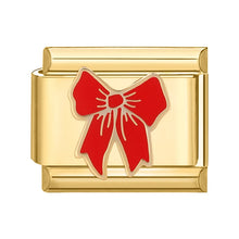 Load image into Gallery viewer, Gold charm with a red bow charm for 9mm stainless steel bracelet