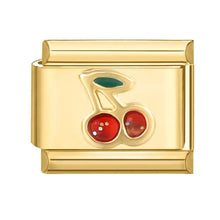 Load image into Gallery viewer, Gold charm with cherry red and green stones charm piece for bracelet making
