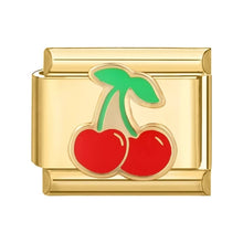 Load image into Gallery viewer, Gold charm with red cherries and a green leaf Gold cherry charm link for gifting