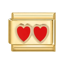 Load image into Gallery viewer, Gold charm with two red hearts charm link compatible with all 9mm bracelets