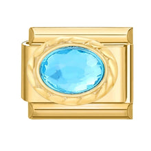 Load image into Gallery viewer, Gold ring with a blue gemstone charm link compatible with all 9mm bracelets