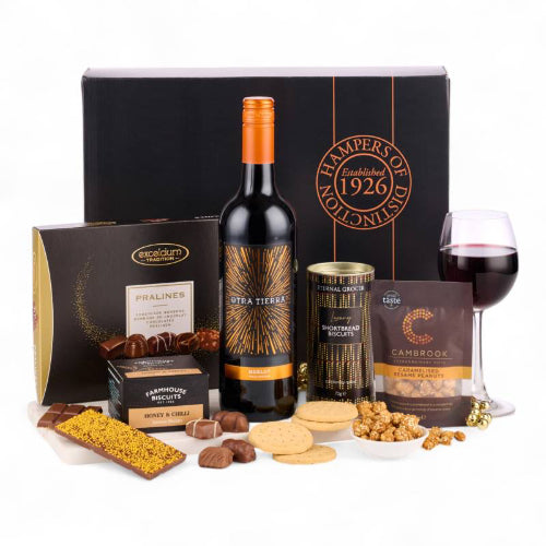 Luxury wine and chocolate hamper with shortbread biscuits and pralines gift box