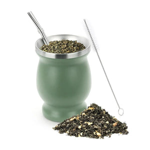 Traditional yerba mate set with cup, straw, and cleaning brush