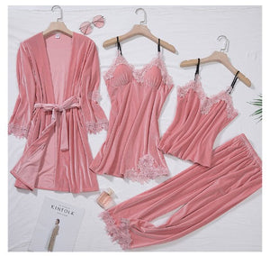 Velvet 4 Pieces Robe & Pajamas Set-Long Velvet Robe Gift Set-Super Gift Online