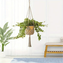 Load image into Gallery viewer, Hanging plant in a woven basket Decorative boho macrame hanging planter for small pots