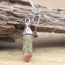 Load image into Gallery viewer, natural-stone-bullet-necklaces-pink-crystal-quartz-bullet-pendants-hexagonal-column-quartz-necklaces-pendants-natural-stone-bullet-pink-crystal-pendant-necklace-bullet-point-crystal