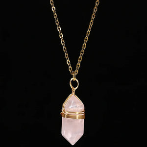 Minimalist stainless steel pendant necklace with natural hexagon pink quartz 