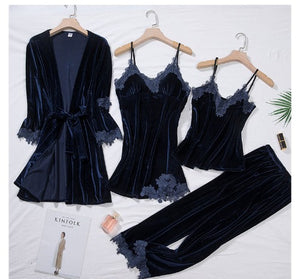 Velvet 4 Pieces Robe & Pajamas Set-Long Velvet Robe Gift Set-Super Gift Online