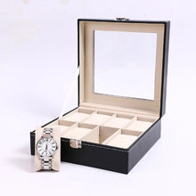 Load image into Gallery viewer, slot watch box, leather 3 slot watch box, slot watch box organizer, leather watch organizer, watch storage box leather, leather jewellery &amp; watch organiser, PU leather watch display case, watch organizer box with glass top, multi-slot watch storage box, leather jewelry storage box, watch display box for collection, glass top watch case organizer, leather watch holder box, watch and jewelry organizer case