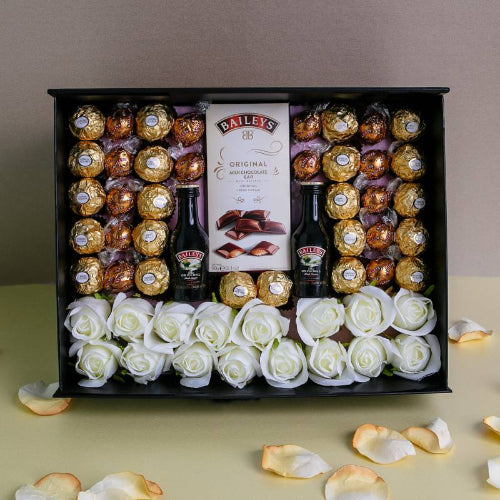 Elegant Baileys gift box with truffles, Ferrero Rocher and silk roses