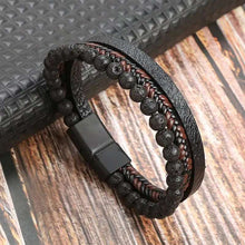 Load image into Gallery viewer, man&#39;s wrist  black leather multi-layer bracelet with a buckle clasp.