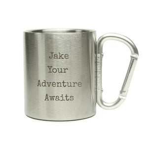 Your Adventure Awaits' Personalised stainless steel mug with custom message
