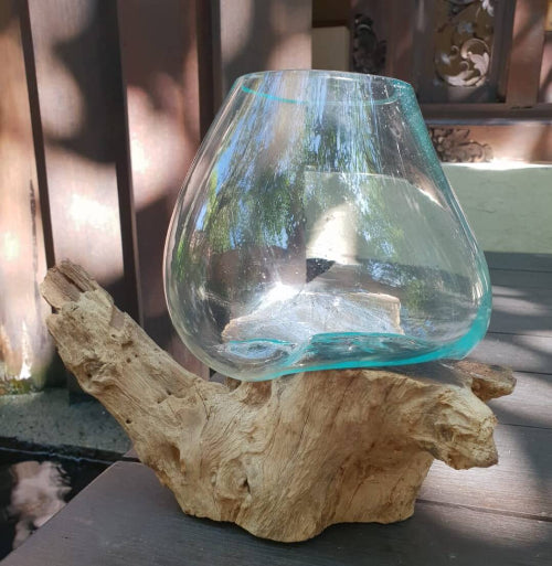 Natural teak root wood stand with fused glass bowl
