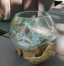 Load image into Gallery viewer, Handmade molten glass terrarium on teak root base
