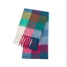 Load image into Gallery viewer, Multicoloured checkered scarf with fringes cozy colourful scarf with tassels