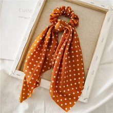 Load image into Gallery viewer, Orange polka dot headband Ponytail hair scarf with satin bow