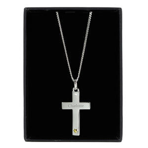 Personalised Sterling Silver, Personalised Gold Plated & Sterling Silver Cross Necklace, Personalised 9ct Gold Cross with Sterling Silver Heart & CZ Necklace