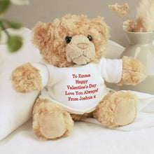 Load image into Gallery viewer, teddy-bear-with-personalised-printed-t-shirt-red-message-teddy-bear-gift-as-congratulations-birthdays-wedding-christening-teddy-bear-messages-for-friends-teddy-day-messages-romantic-teddy-day-wish-gift