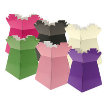 Load image into Gallery viewer, A collection of living vase boxes in various colors including beige, red, pink, black, and green, designed for transporting flower bouquets.