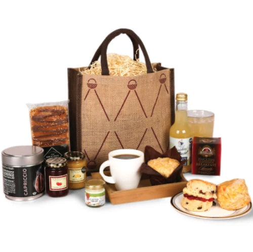 Gourmet breakfast gift set for him with Italian coffee, English tea, and treats