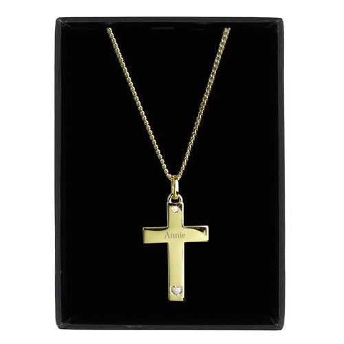 Personalised necklaces, one with a silver cross and gold plating, with a name engraved on the cross. 