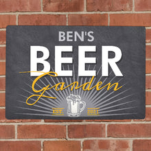Load image into Gallery viewer, Personalized sign with 'Ben's Beer Garden' on a brick wall outdoor bar sign metal wall decor