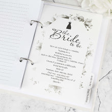 Load image into Gallery viewer, Sheet of paper titled &#39;The Bride to Be&#39; with wedding preparation checklist. Botanical border wedding planning gift