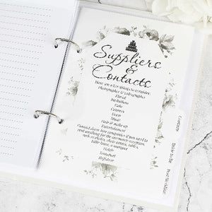 Wedding planning binder with 'Suppliers & Contacts' page, bride-to-be wedding planner with name