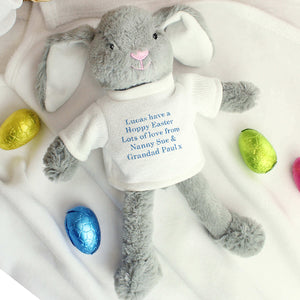 A soft and cuddly personalised bunny plush with pink or blue embroidery, perfect for babies, kids, and special gifts. A heartfelt keepsake for Easter, birthdays, or newborn celebrations!