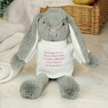 Load image into Gallery viewer, A soft and cuddly personalised bunny plush with pink or blue embroidery, perfect for babies, kids, and special gifts. A heartfelt keepsake for Easter, birthdays, or newborn celebrations!