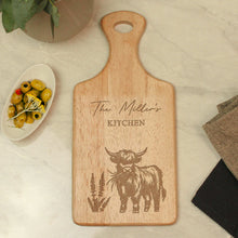 Load image into Gallery viewer, Wooden cheese board with Highland Cow design and engraved name