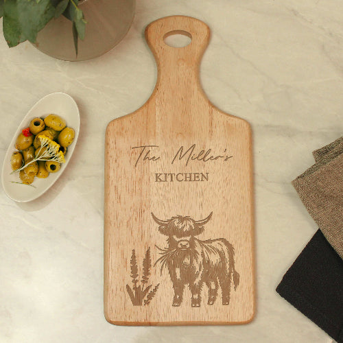 Wooden cheese board with Highland Cow design and engraved name