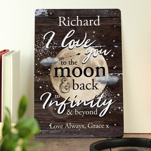 Personalised To The Moon and Back metal wall sign gift décor. Custom engraved romantic wall sign gift for couples or family.