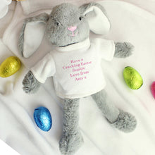 Load image into Gallery viewer, A soft and cuddly personalised bunny plush with pink or blue embroidery, perfect for babies, kids, and special gifts. A heartfelt keepsake for Easter, birthdays, or newborn celebrations!