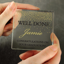 Load image into Gallery viewer, Personalised Gold Confetti Crystal Token engraved congratulation on your graduation