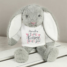Load image into Gallery viewer, Gray plush bunny wearing a white shirt with text 